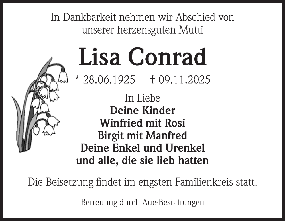  Traueranzeige für Lisa Conrad vom 15.11.2025 aus Volksstimme Magdeburg