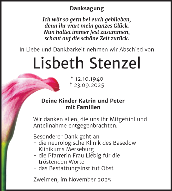 Traueranzeige von Lisbeth Stenzel von Trauerkombi Merseburg