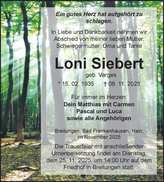 Traueranzeige von Loni Siebert von Trauerkombi Sangerhausen