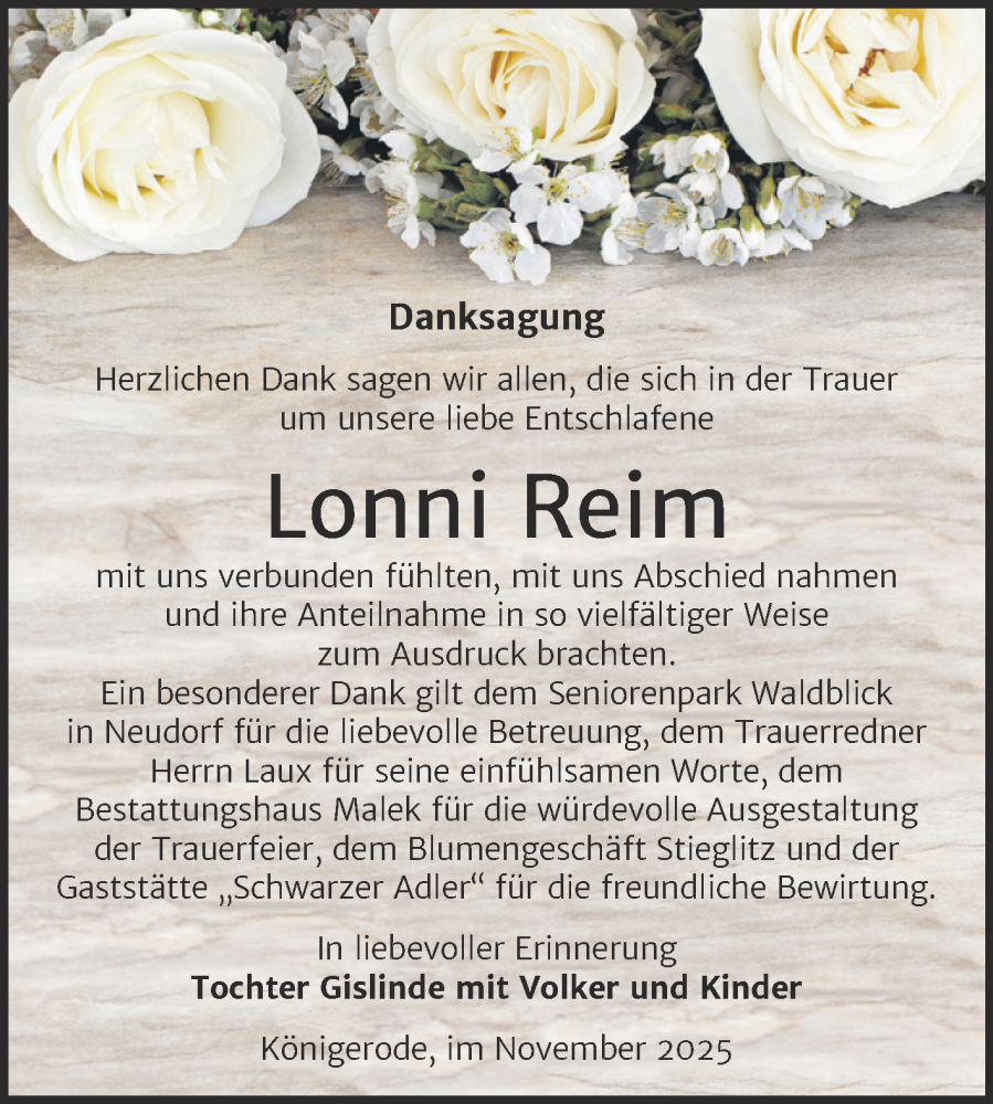  Traueranzeige für Lonni Reim vom 22.11.2025 aus Trauerkombi Quedlinburg
