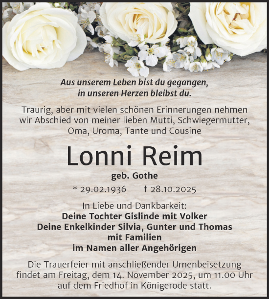 Traueranzeige von Lonni Reim von Trauerkombi Quedlinburg