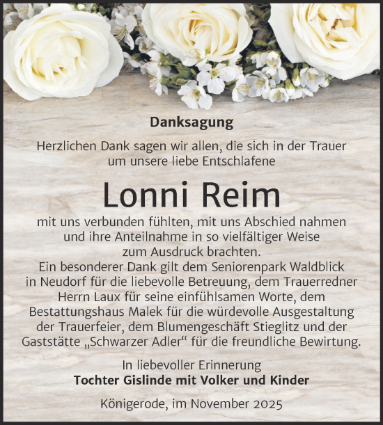 Traueranzeige von Lonni Reim von Trauerkombi Quedlinburg