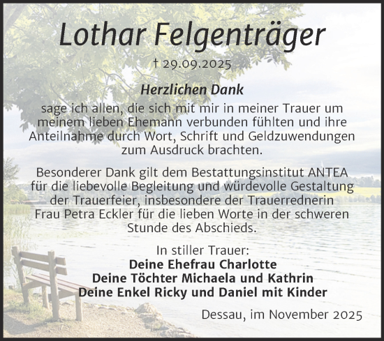 Traueranzeige von Lothar Felgenträger von Trauerkombi Dessau