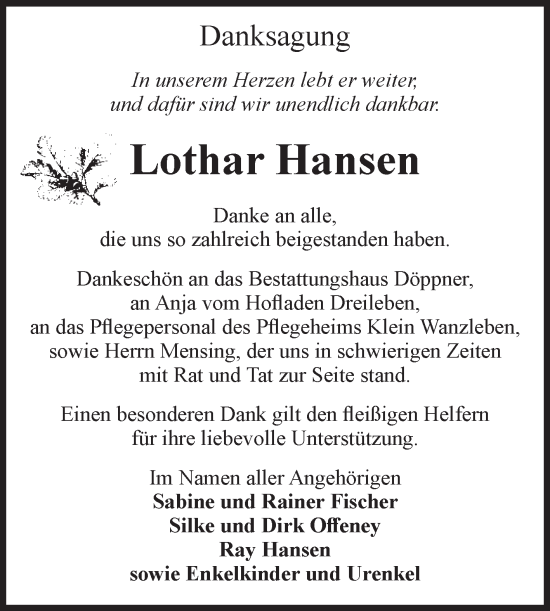 Traueranzeige von Lothar Hansen von Volksstimme Oschersleben/Wanzleben