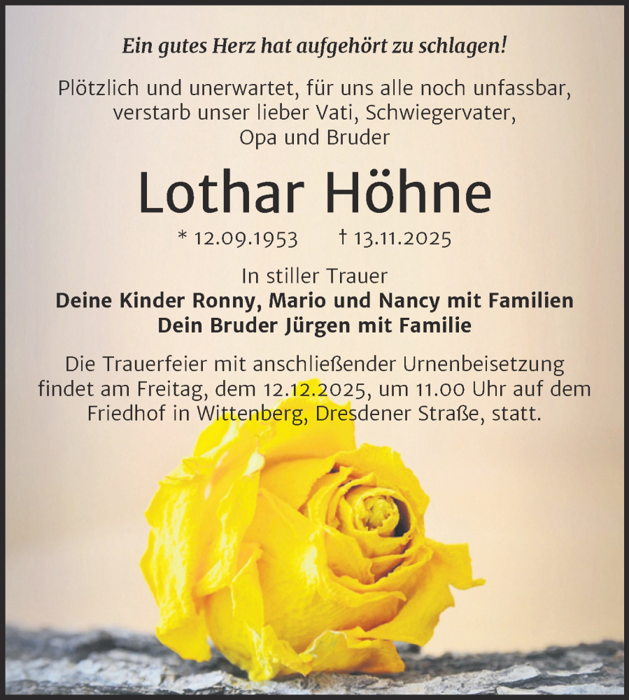  Traueranzeige für Lothar Höhne vom 22.11.2025 aus Trauerkombi Wittenberg