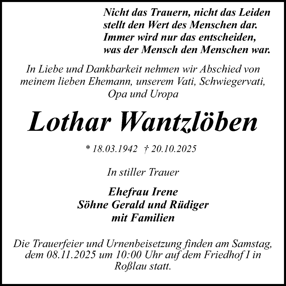  Traueranzeige für Lothar Wantzlöben vom 01.11.2025 aus Trauerkombi Dessau