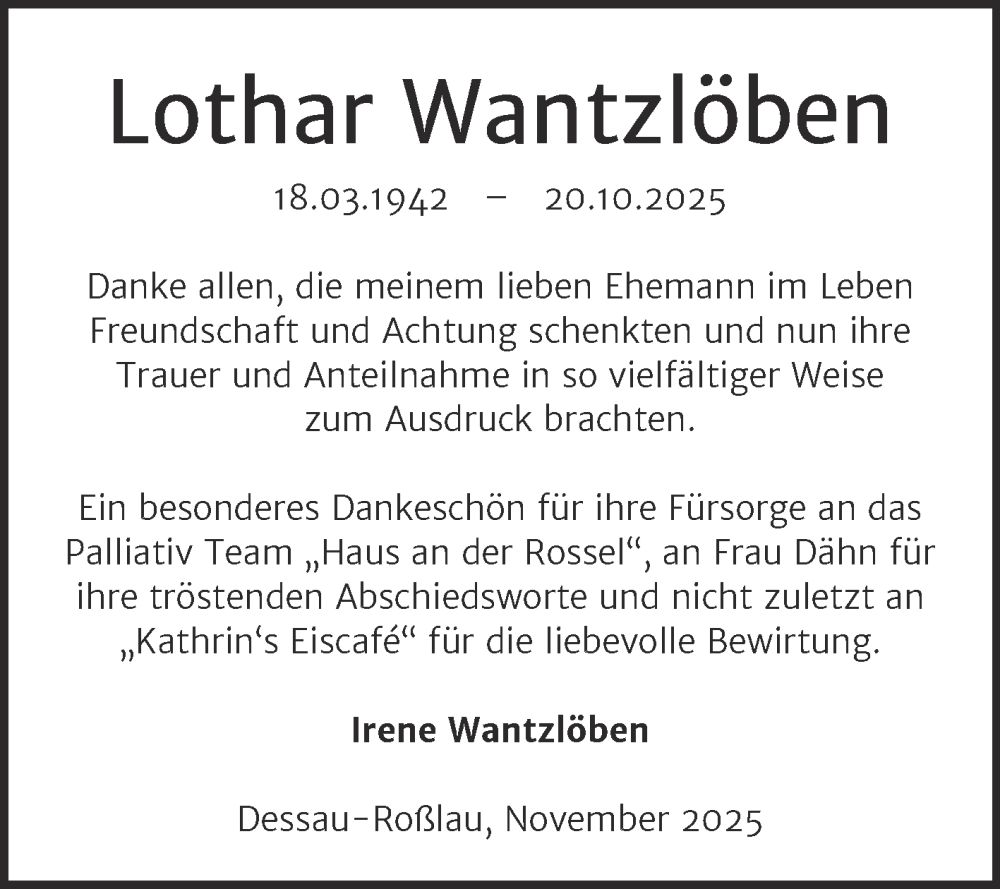  Traueranzeige für Lothar Wantzlöben vom 22.11.2025 aus Super Sonntag Dessau-Roßlau