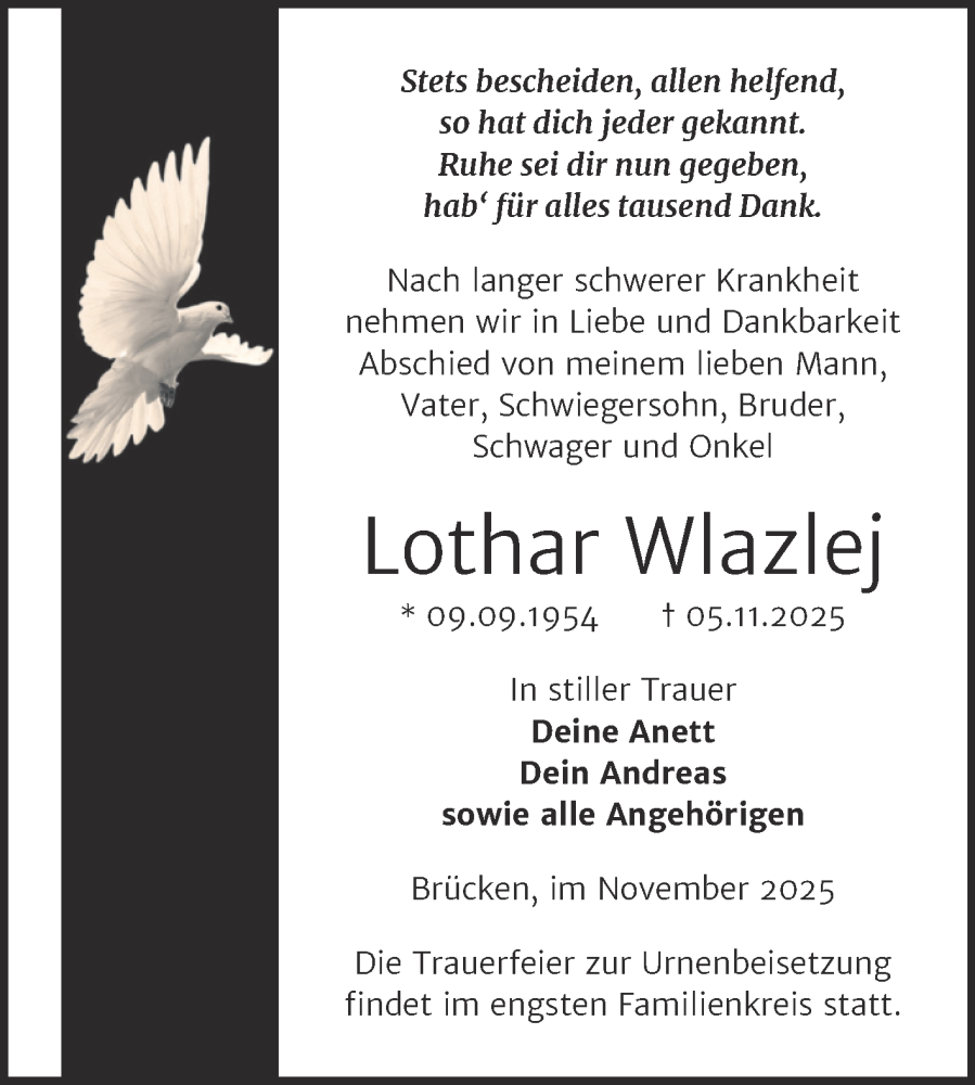  Traueranzeige für Lothar Wlazlej vom 12.11.2025 aus Trauerkombi Sangerhausen