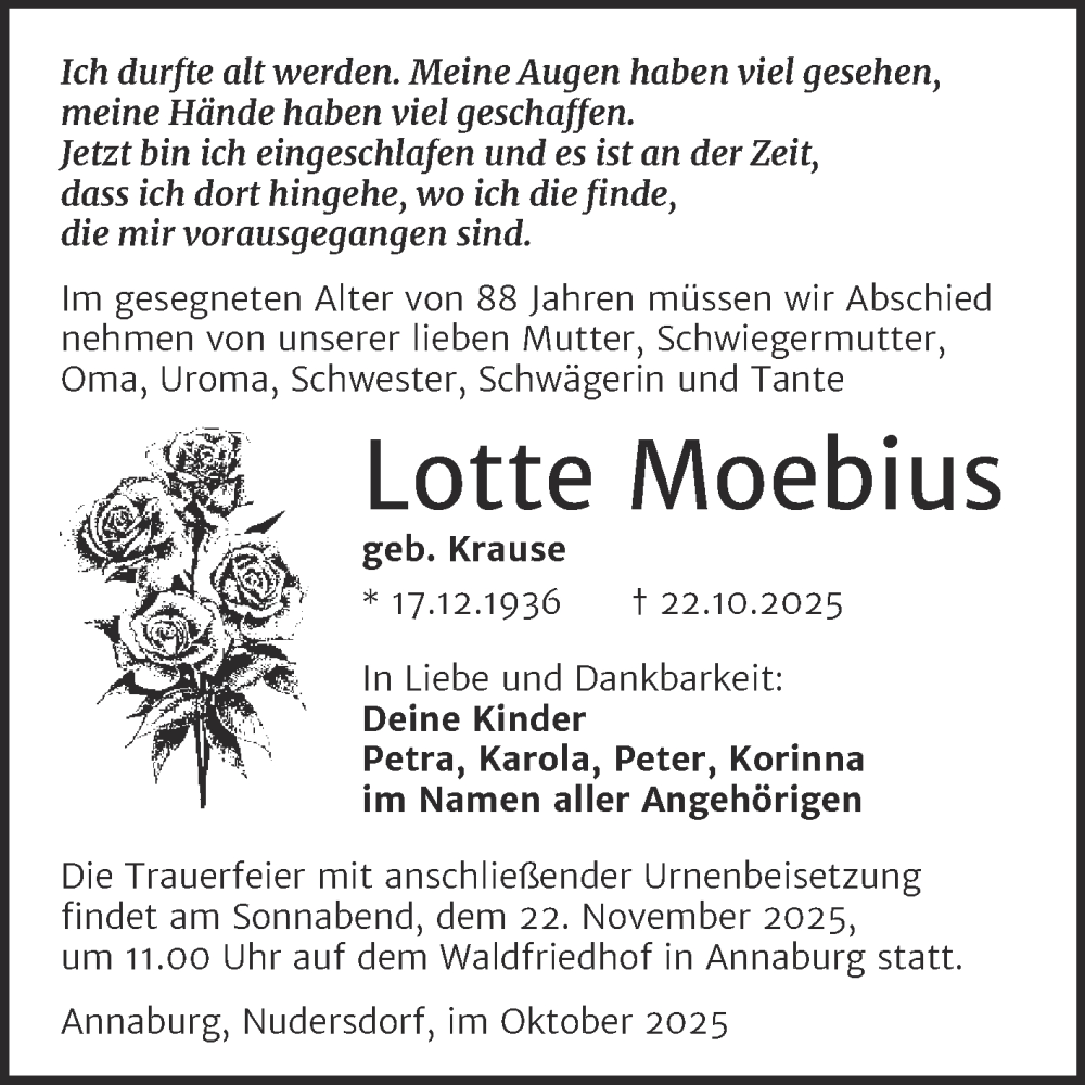  Traueranzeige für Lotte Moebius vom 08.11.2025 aus Trauerkombi Wittenberg