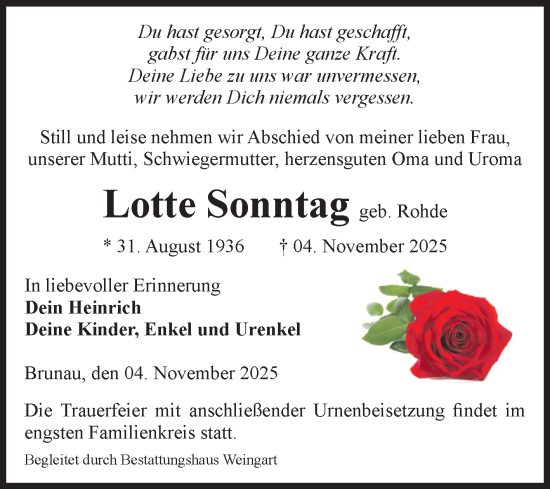 Traueranzeige von Lotte Sonntag von Volksstimme Altmark West