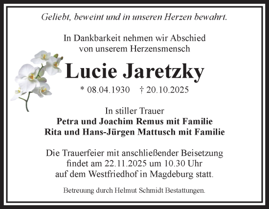 Traueranzeige von Lucie Jaretzky von Volksstimme Magdeburg