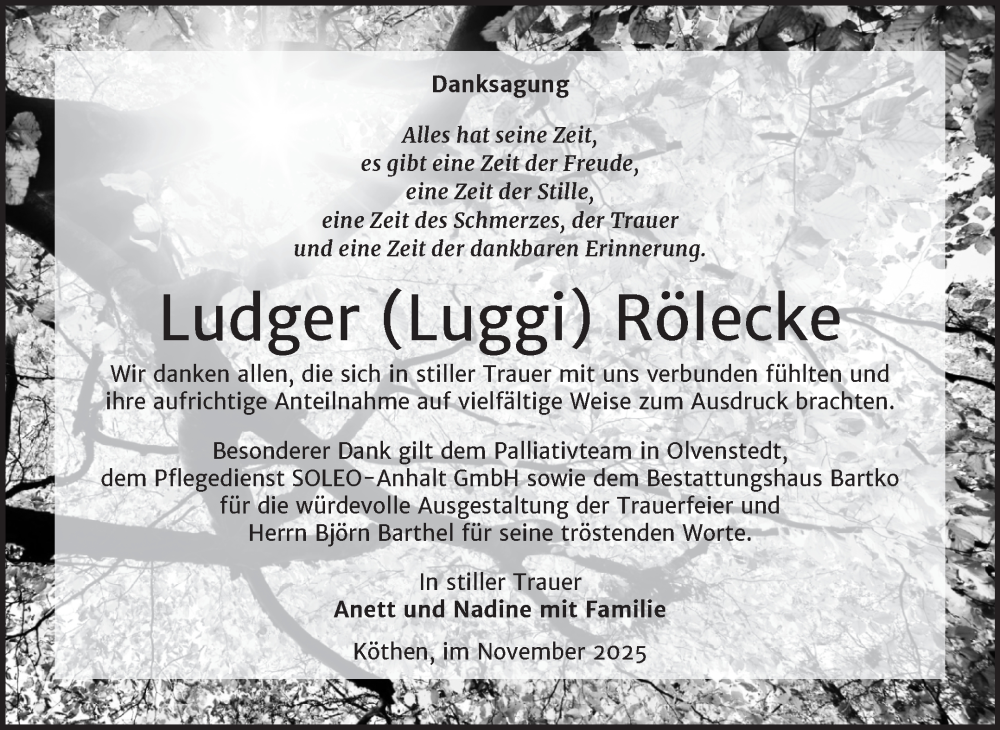  Traueranzeige für Ludger Rölecke vom 15.11.2025 aus Trauerkombi Köthen