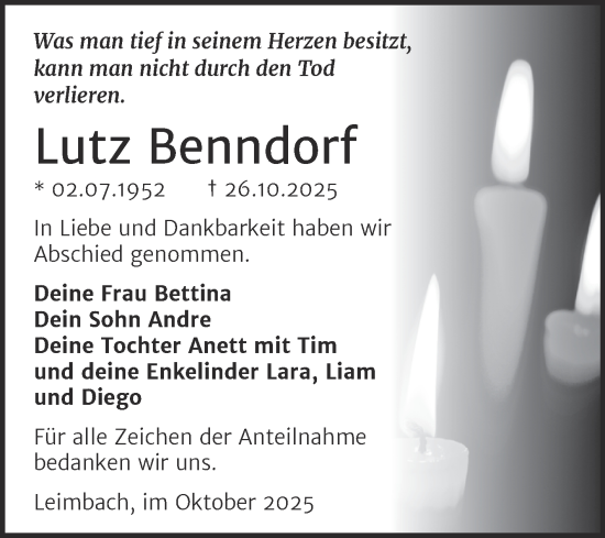 Traueranzeige von Lutz Benndorf von Trauerkombi Merseburg