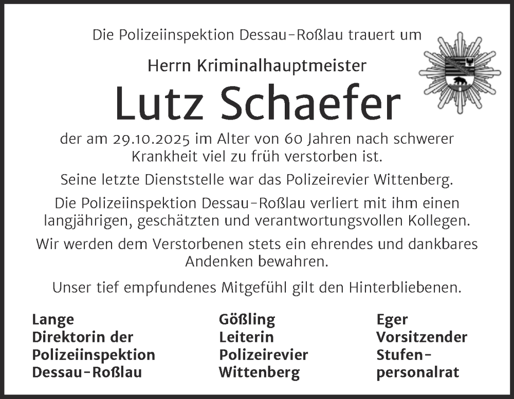  Traueranzeige für Lutz Schaefer vom 15.11.2025 aus 