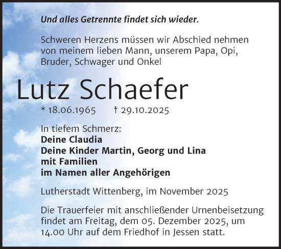 Traueranzeige von Lutz Schaefer von Trauerkombi Wittenberg