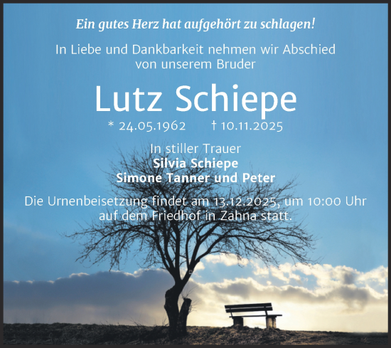 Traueranzeige von Lutz Schiepe von Trauerkombi Wittenberg