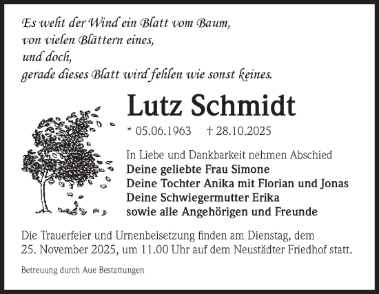 Traueranzeige von Lutz Schmidt von Volksstimme Magdeburg
