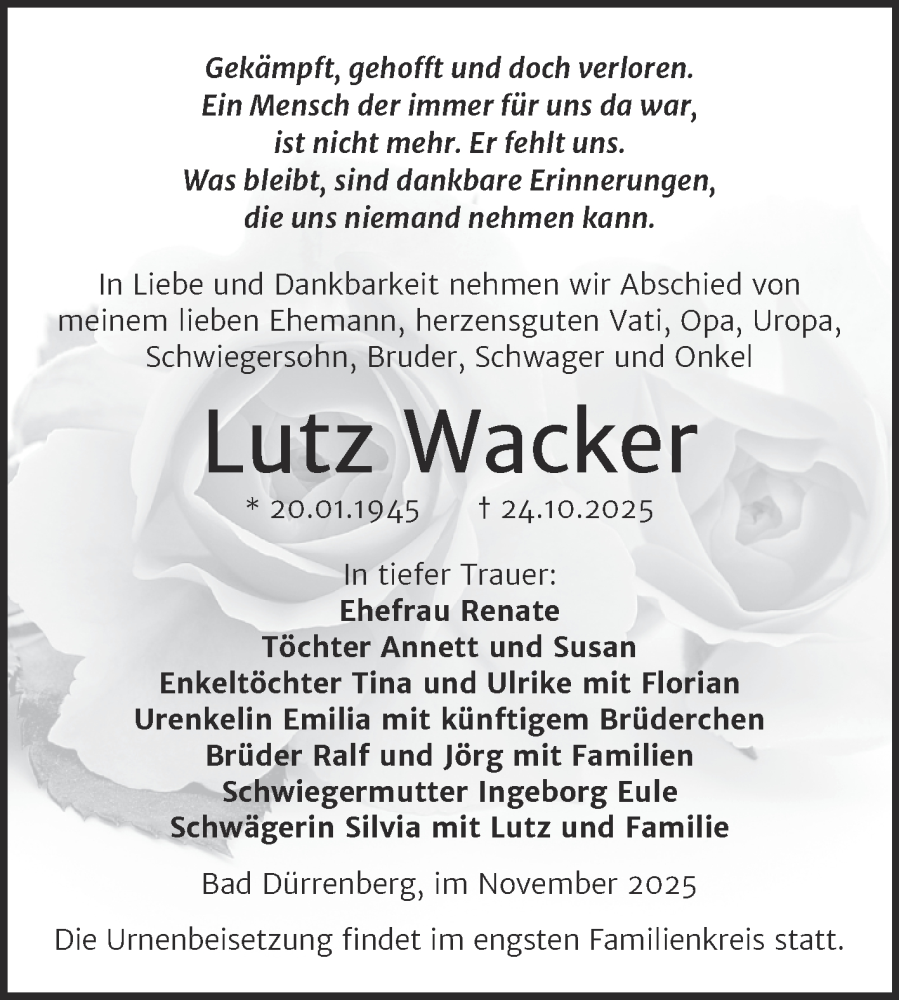  Traueranzeige für Lutz Wacker vom 08.11.2025 aus Trauerkombi Merseburg