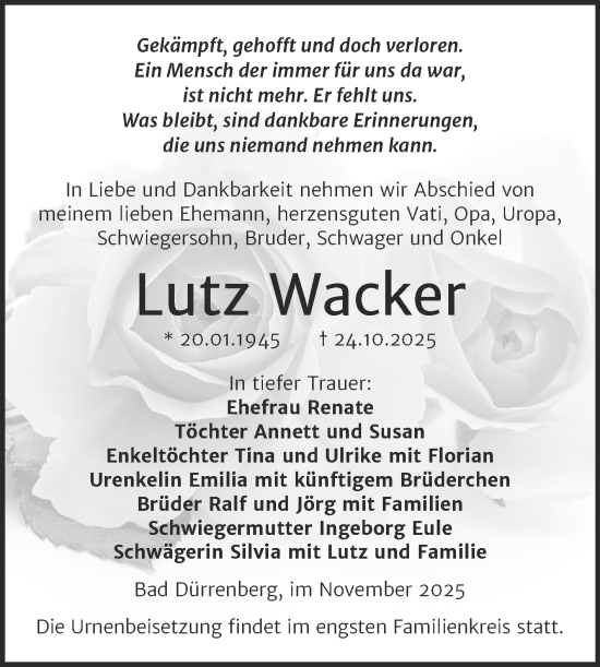 Traueranzeige von Lutz Wacker von Trauerkombi Merseburg