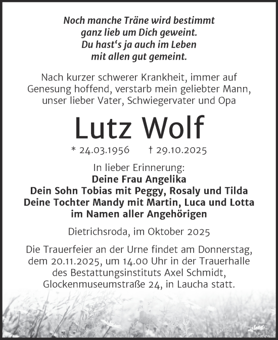 Traueranzeige von Lutz Wolf von Super Sonntag Naumburg/Nebra