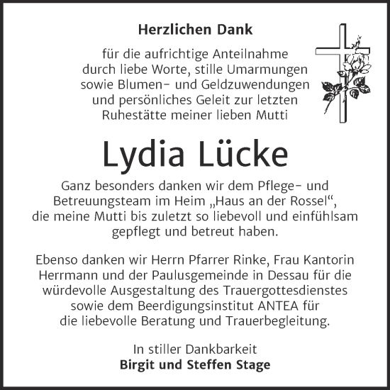 Traueranzeige von Lydia Lücke von Trauerkombi Dessau