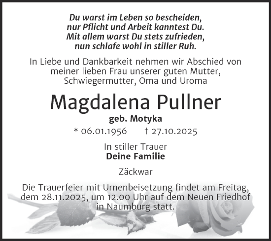 Traueranzeige von Magdalena Pullner von Super Sonntag Naumburg/Nebra