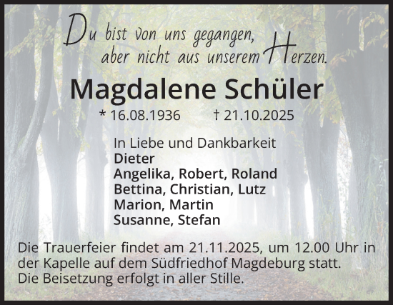 Traueranzeige von Magdalene Schüler von Volksstimme Magdeburg