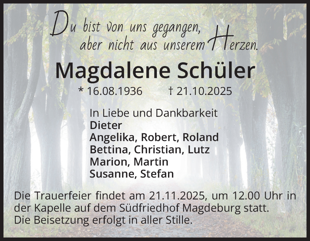  Traueranzeige für Magdalene Schüler vom 08.11.2025 aus Volksstimme Magdeburg
