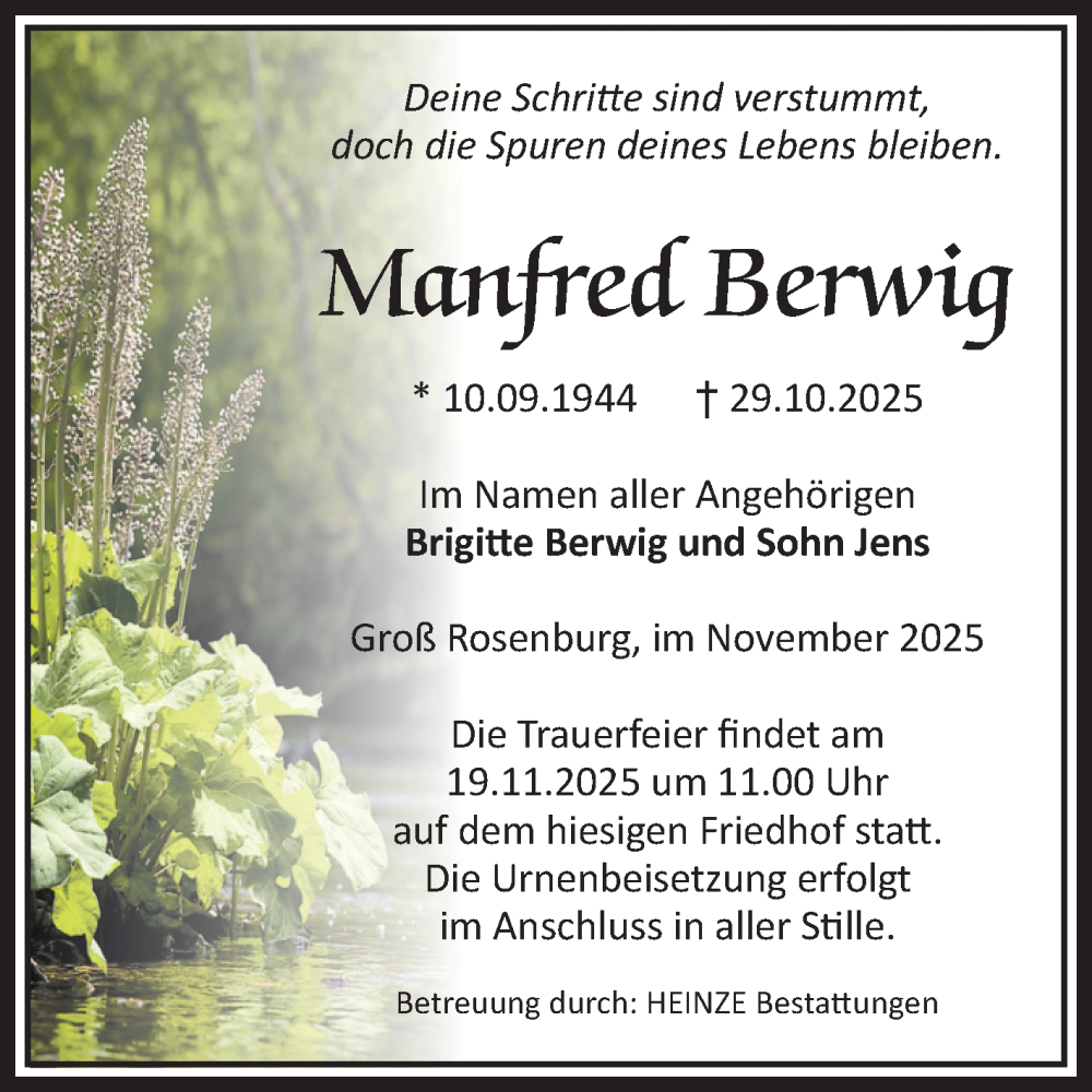  Traueranzeige für Manfred Berwig vom 08.11.2025 aus Volksstimme Schönebeck