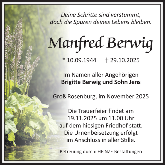 Traueranzeige von Manfred Berwig von Volksstimme Schönebeck
