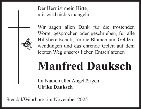 Traueranzeige von Manfred Dauksch von Volksstimme Altmark Ost