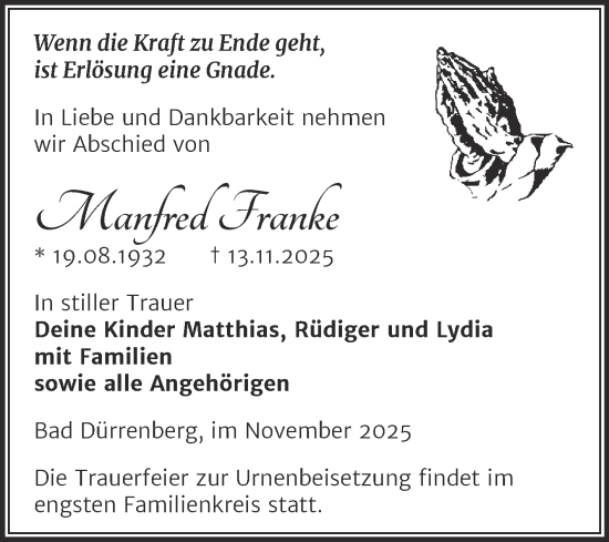 Traueranzeige von Manfred Franke von Trauerkombi Merseburg