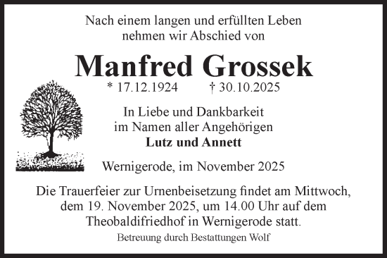 Traueranzeige von Manfred Grossek von Volksstimme Wernigerode