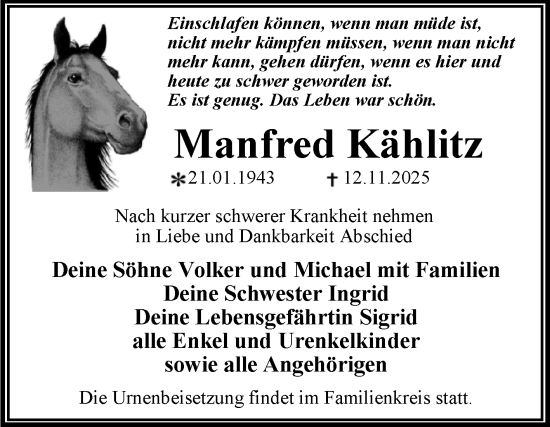 Traueranzeige von Manfred Kählitz von Trauerkombi Wittenberg