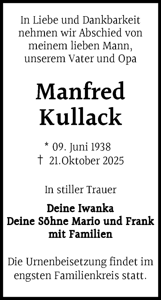 Traueranzeige von Manfred Kullack von Mitteldeutsche Zeitung Halle/Saalkreis
