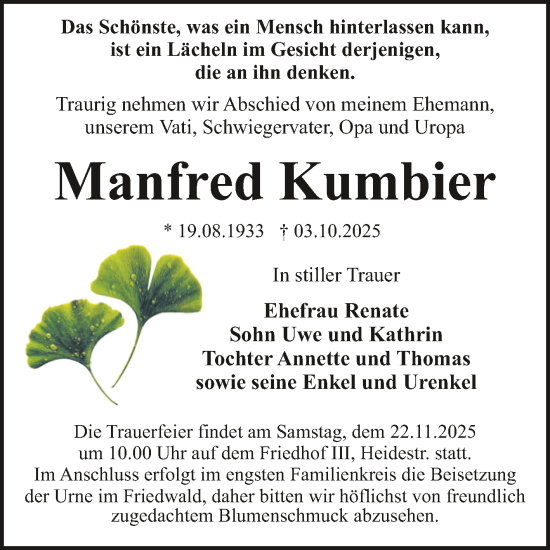 Traueranzeige von Manfred Kumbier von Trauerkombi Dessau