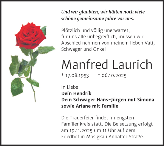 Traueranzeige von Manfred Laurich von Trauerkombi Dessau