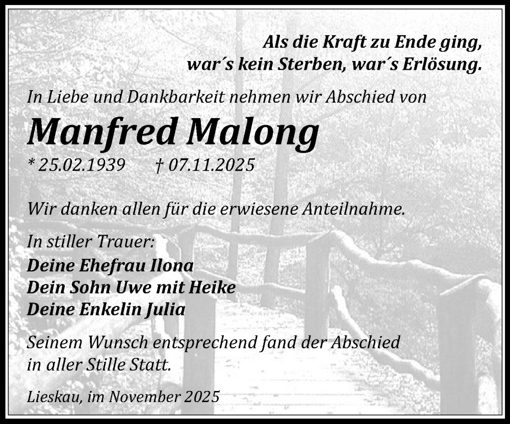  Traueranzeige für Manfred Malong vom 22.11.2025 aus Mitteldeutsche Zeitung Halle/Saalkreis