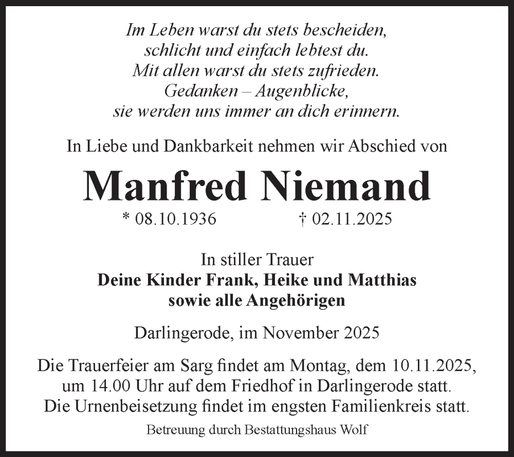  Traueranzeige für Manfred Niemand vom 08.11.2025 aus Volksstimme Wernigerode
