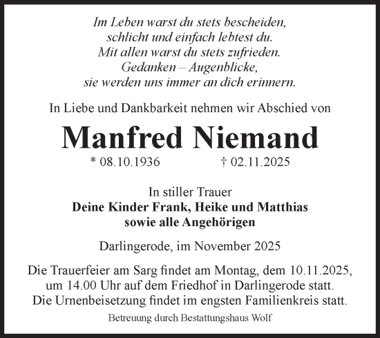 Traueranzeige von Manfred Niemand von Volksstimme Wernigerode