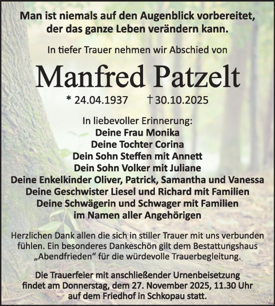 Traueranzeige von Manfred Patzelt von Trauerkombi Merseburg