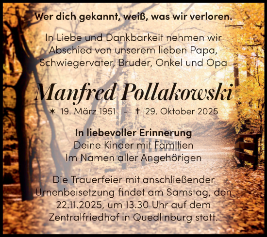 Traueranzeige von Manfred Pollakowski von Trauerkombi Quedlinburg