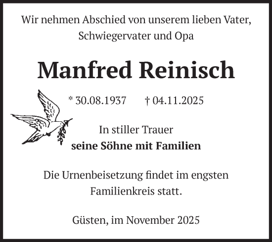 Traueranzeige von Manfred Reinisch von Volksstimme Staßfurt