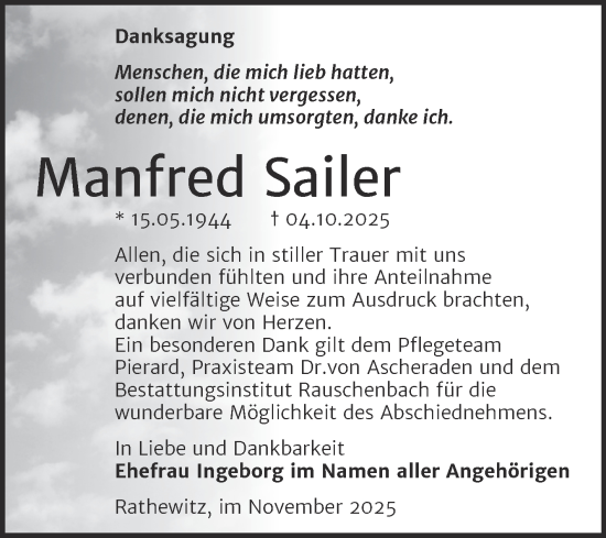 Traueranzeige von Manfred Sailer von Super Sonntag Naumburg/Nebra