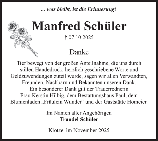 Traueranzeige von Manfred Schüler von Volksstimme Altmark West