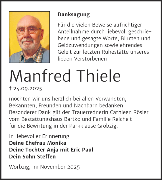 Traueranzeige von Manfred Thiele von Trauerkombi Köthen