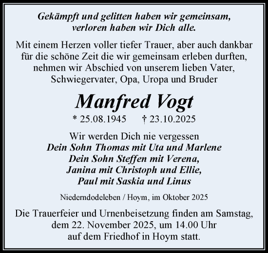 Traueranzeige von Manfred Vogt von Trauerkombi Aschersleben