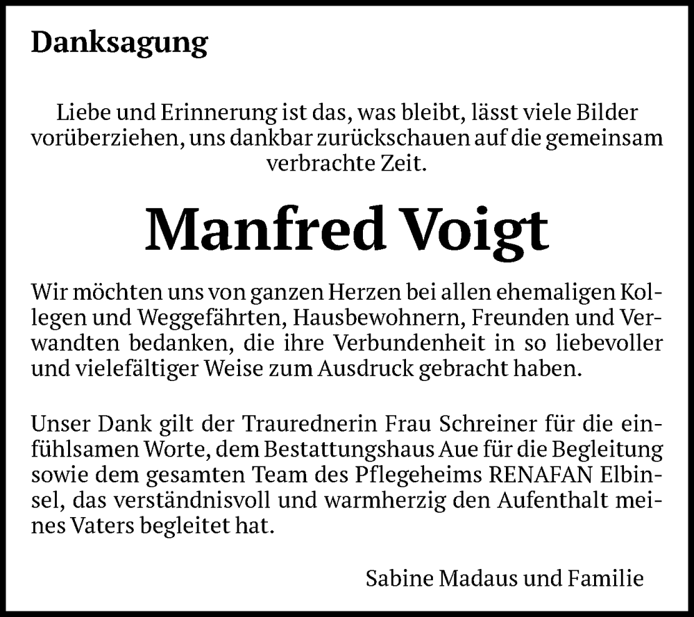  Traueranzeige für Manfred Voigt vom 15.11.2025 aus Volksstimme Magdeburg