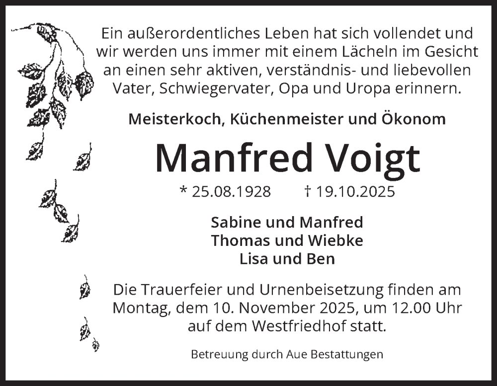  Traueranzeige für Manfred Voigt vom 01.11.2025 aus Volksstimme Magdeburg