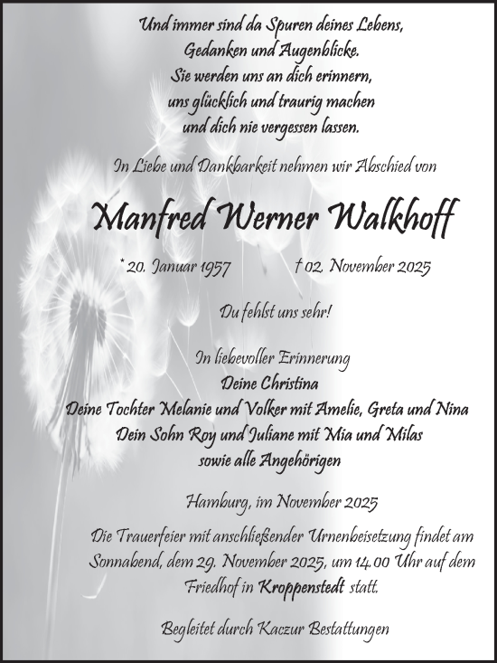 Traueranzeige von Manfred Werner Walkhoff von Volksstimme Oschersleben/Wanzleben